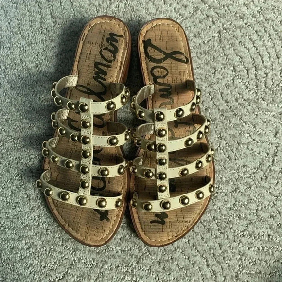 Sam Edelman ivory cream studded slip on sandals with block heel size 7 - Picture 2 of 6